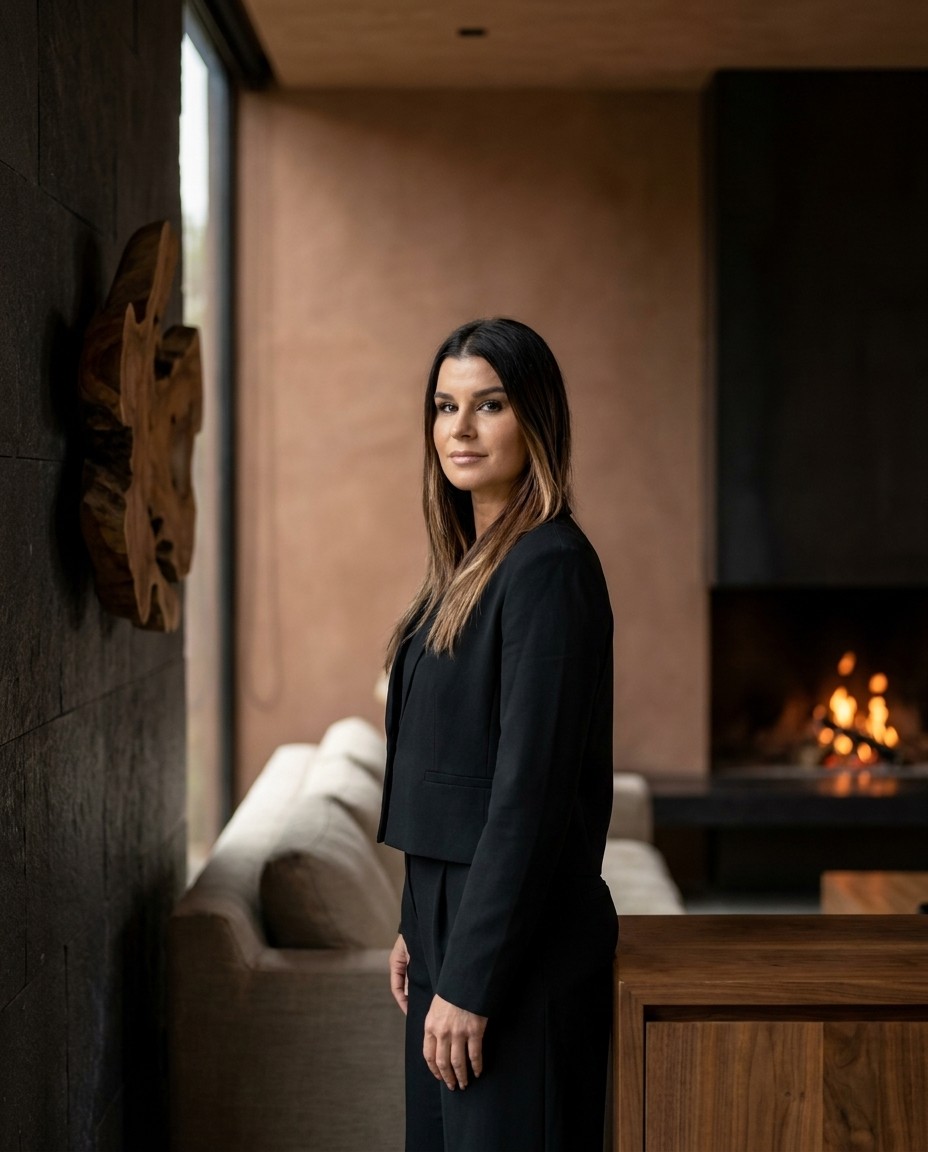 Zen Vanhoutte, founder of House of Zen, standing in a stone-and-walnut interior beside an open fire.
