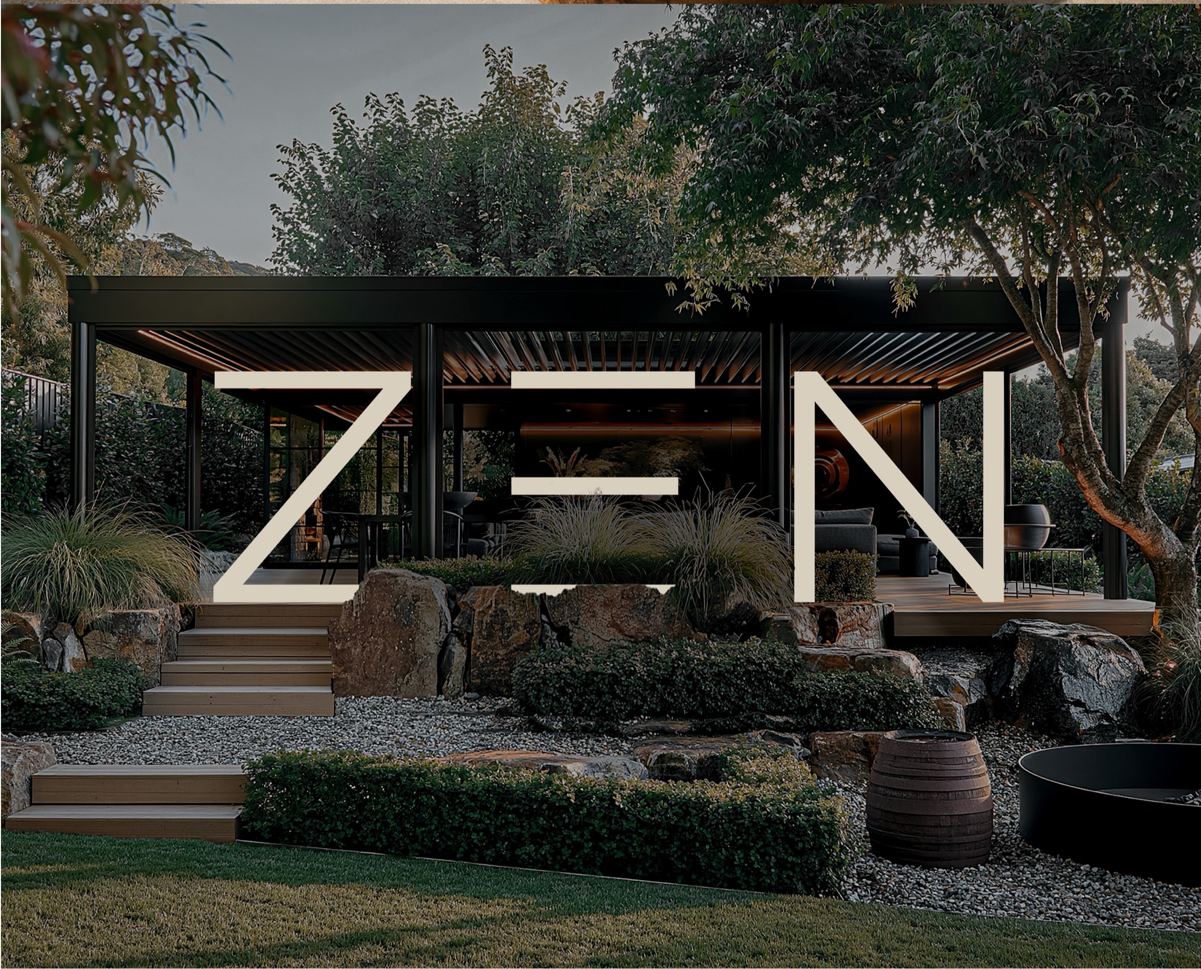A blackened-steel garden pavilion at dusk, opening onto stone terraces and planted beds.
