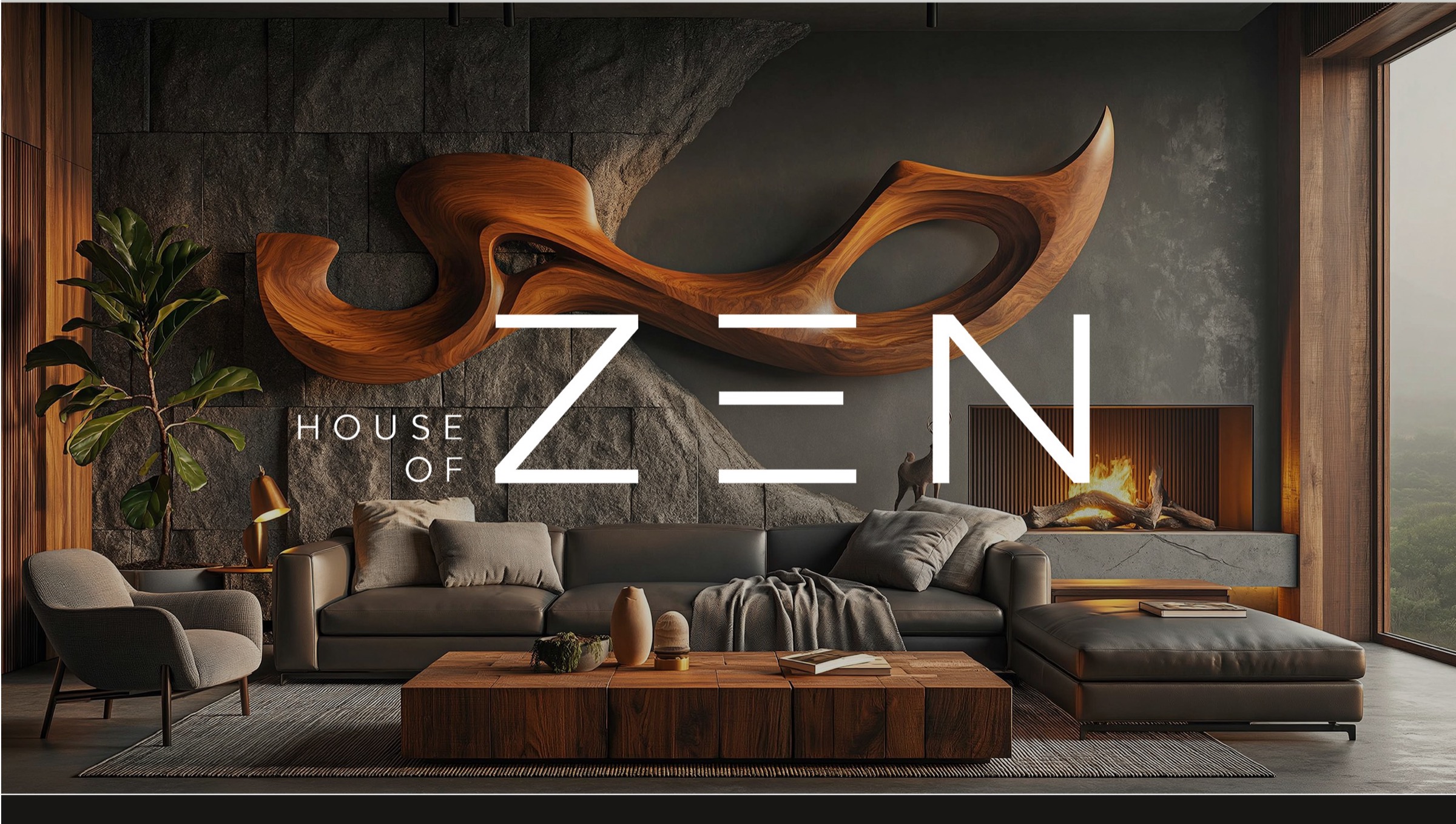 A House of Zen interior: a sculpted walnut form suspended above a stone wall, low linen seating and an open fire.